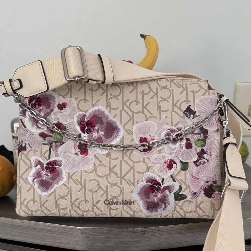 Calvin Klein Beige and Purple Floral Crossbody Bag